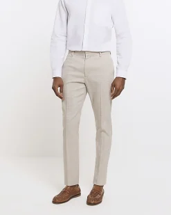 Stone slim fit check suit trousers