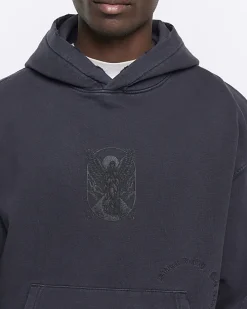 Washed black regular gothic graphic hoodie