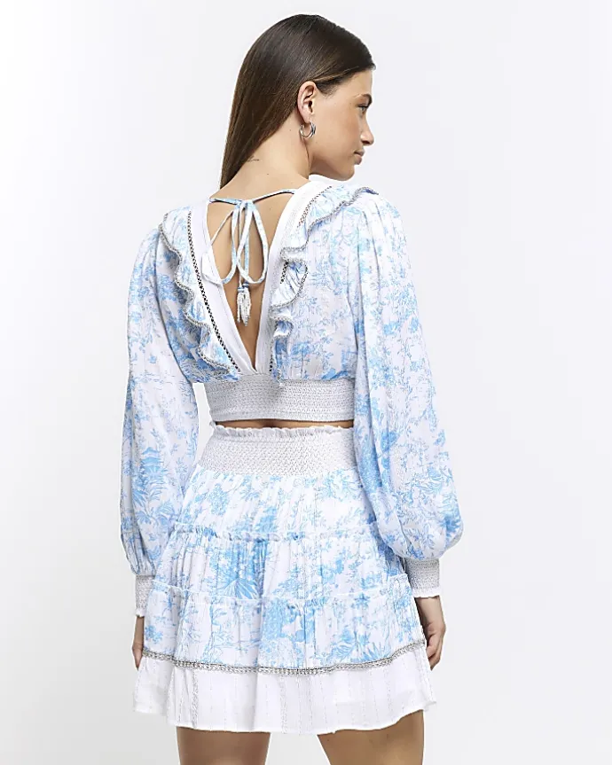 White floral shirred crop long sleeve top