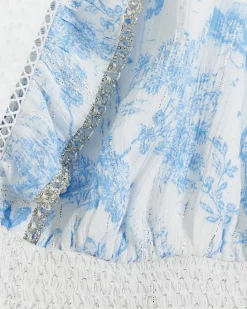 White floral shirred crop long sleeve top