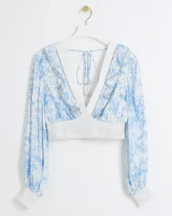 White floral shirred crop long sleeve top
