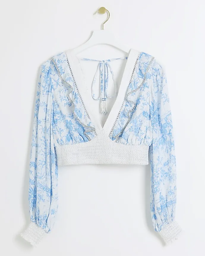 White floral shirred crop long sleeve top