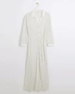 White mesh sequin beach maxi shirt dress