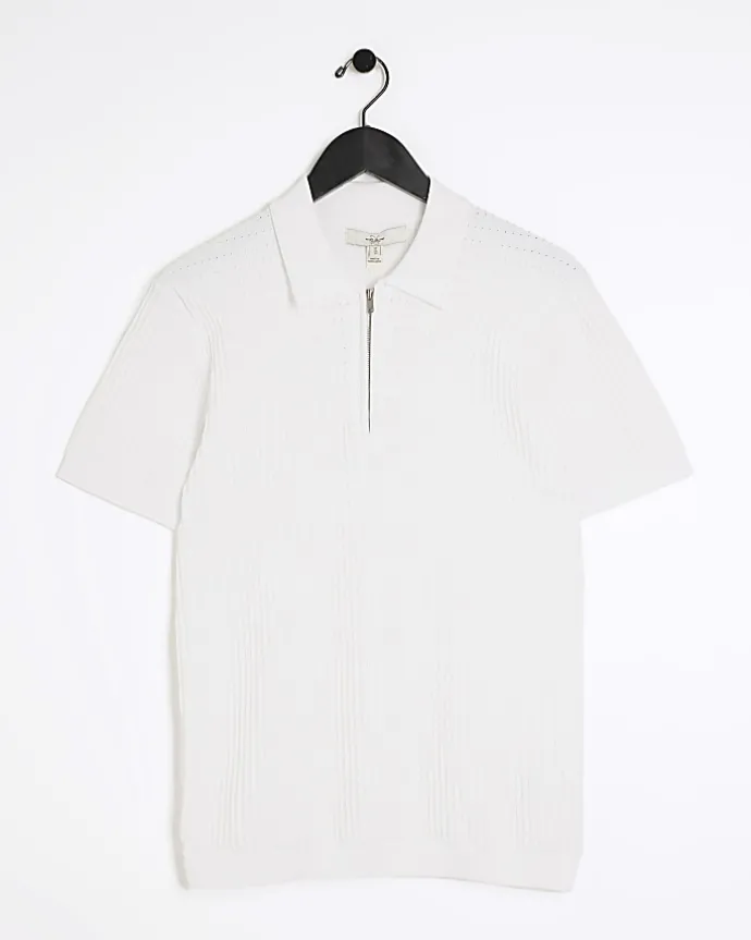 White muscle fit knitted half zip polo