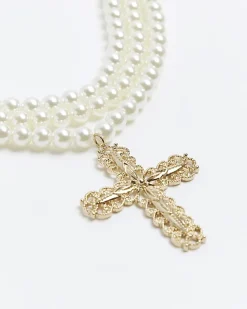 White pearl cross multirow necklace