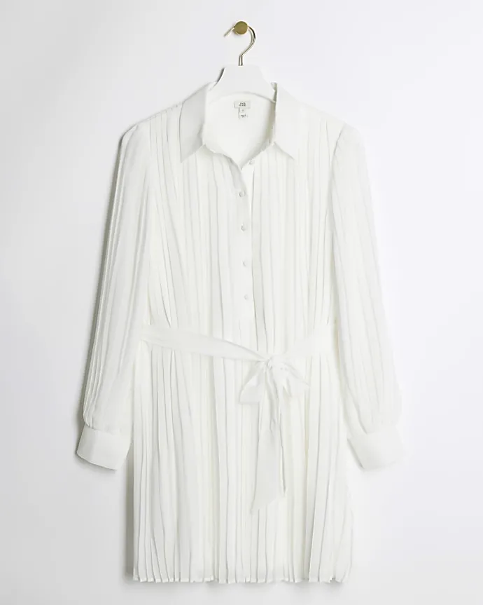 White plisse tie waist mini shirt dress