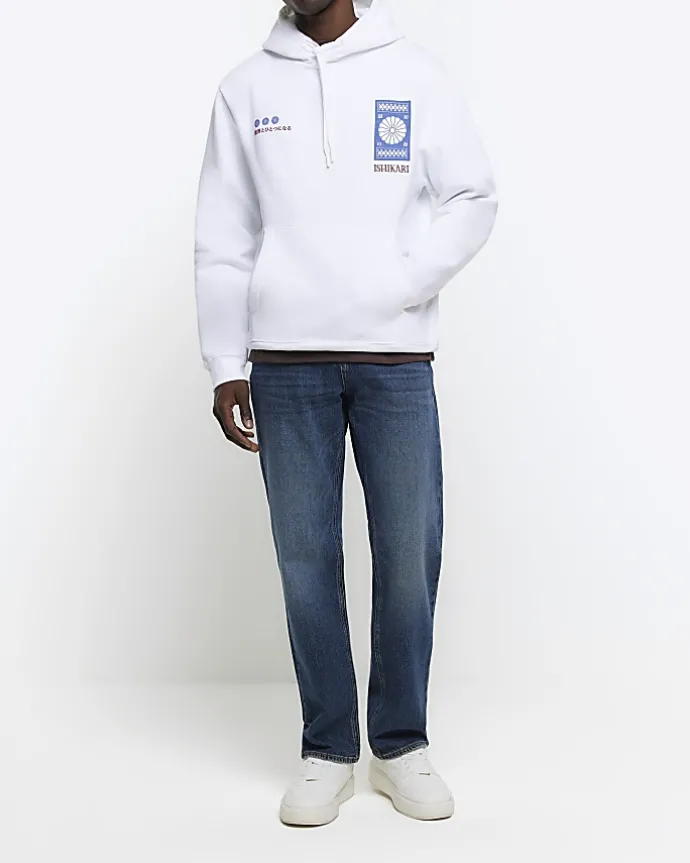White regular fit graphic Japanese hoodie