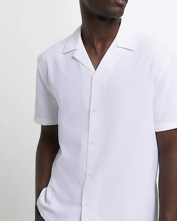 White Regular Fit Seersucker Revere Shirt