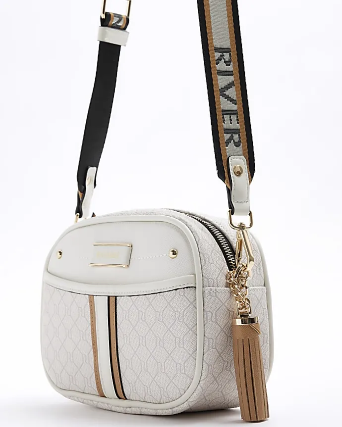 White RI monogram cross body camera bag