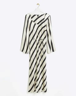 White satin stripe belted slip midi dress