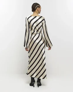 White satin stripe belted slip midi dress