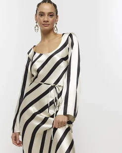 White satin stripe belted slip midi dress