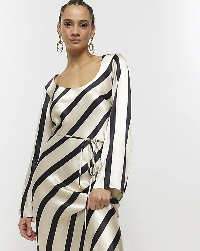 White satin stripe belted slip midi dress