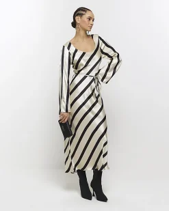 White satin stripe belted slip midi dress