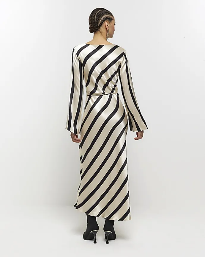 White satin stripe belted slip midi dress