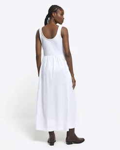 White scoop neck skater midi dress
