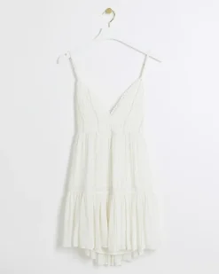 White shirred tiered beach mini dress