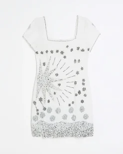 White silk sequin detail bodycon mini dress