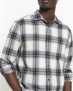 White slim fit waffle textured check shirt