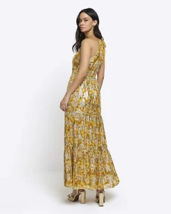 Yellow floral glitter slip maxi dress