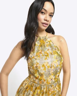 Yellow floral glitter slip maxi dress