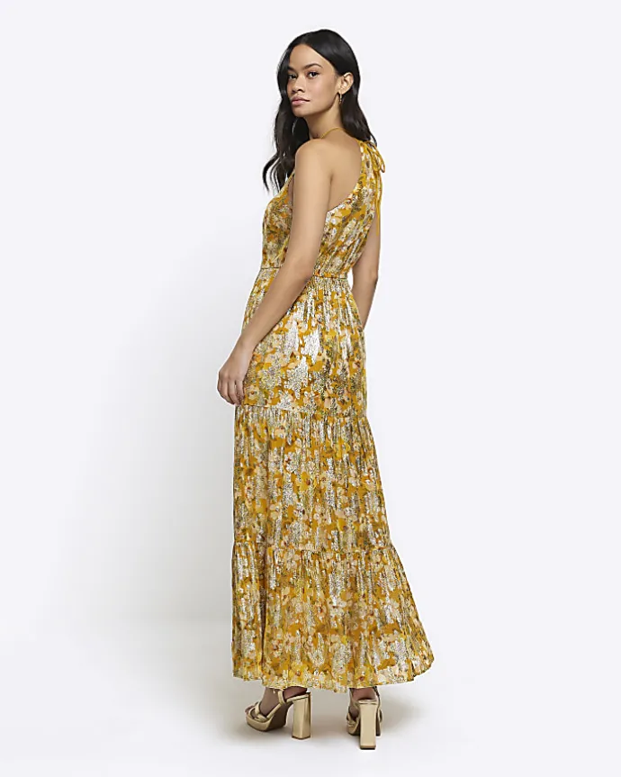 Yellow floral glitter slip maxi dress