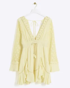 Yellow lace sleeve beach mini dress