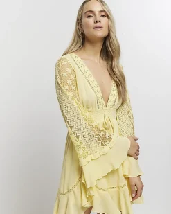 Yellow lace sleeve beach mini dress
