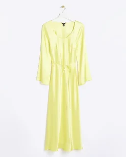 Yellow satin belted slip midi dress