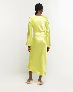 Yellow satin belted slip midi dress