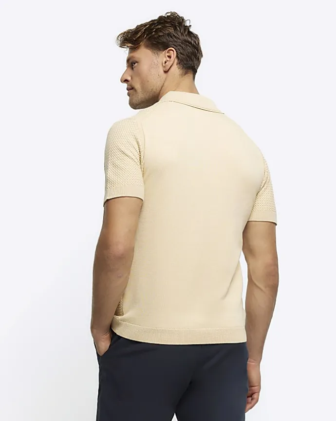 Yellow slim fit textured knit polo